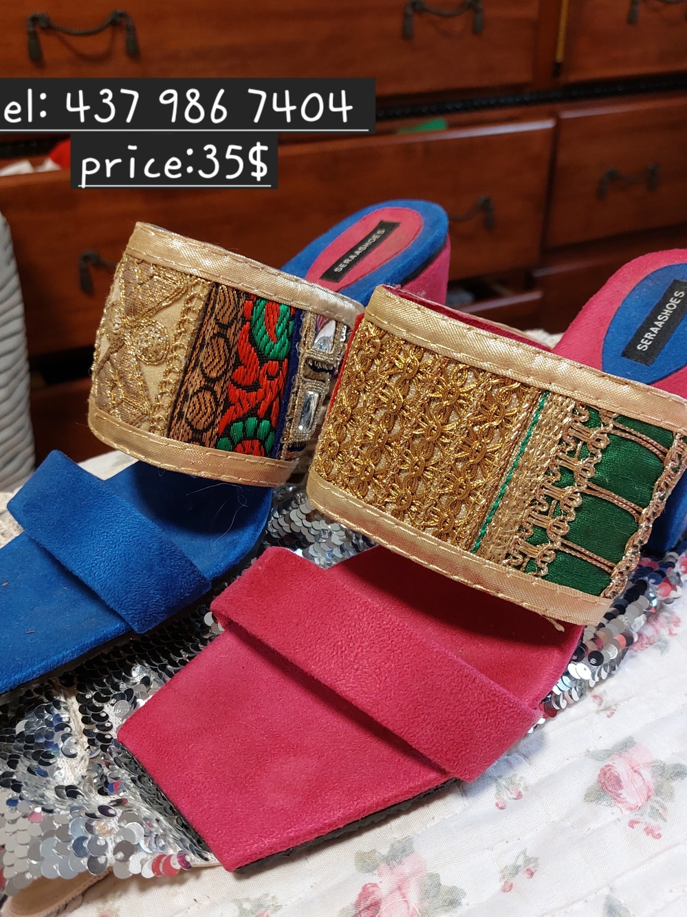 Embellished Two-Tone Slide Mules in Pink & Blue
